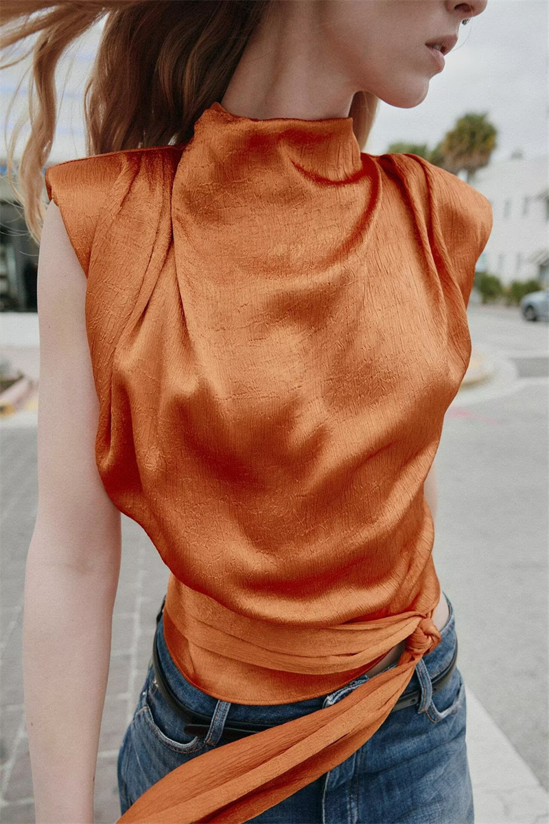 Satin Shawl Collar Sleeveless  - огляд і ціна Silk Blouse